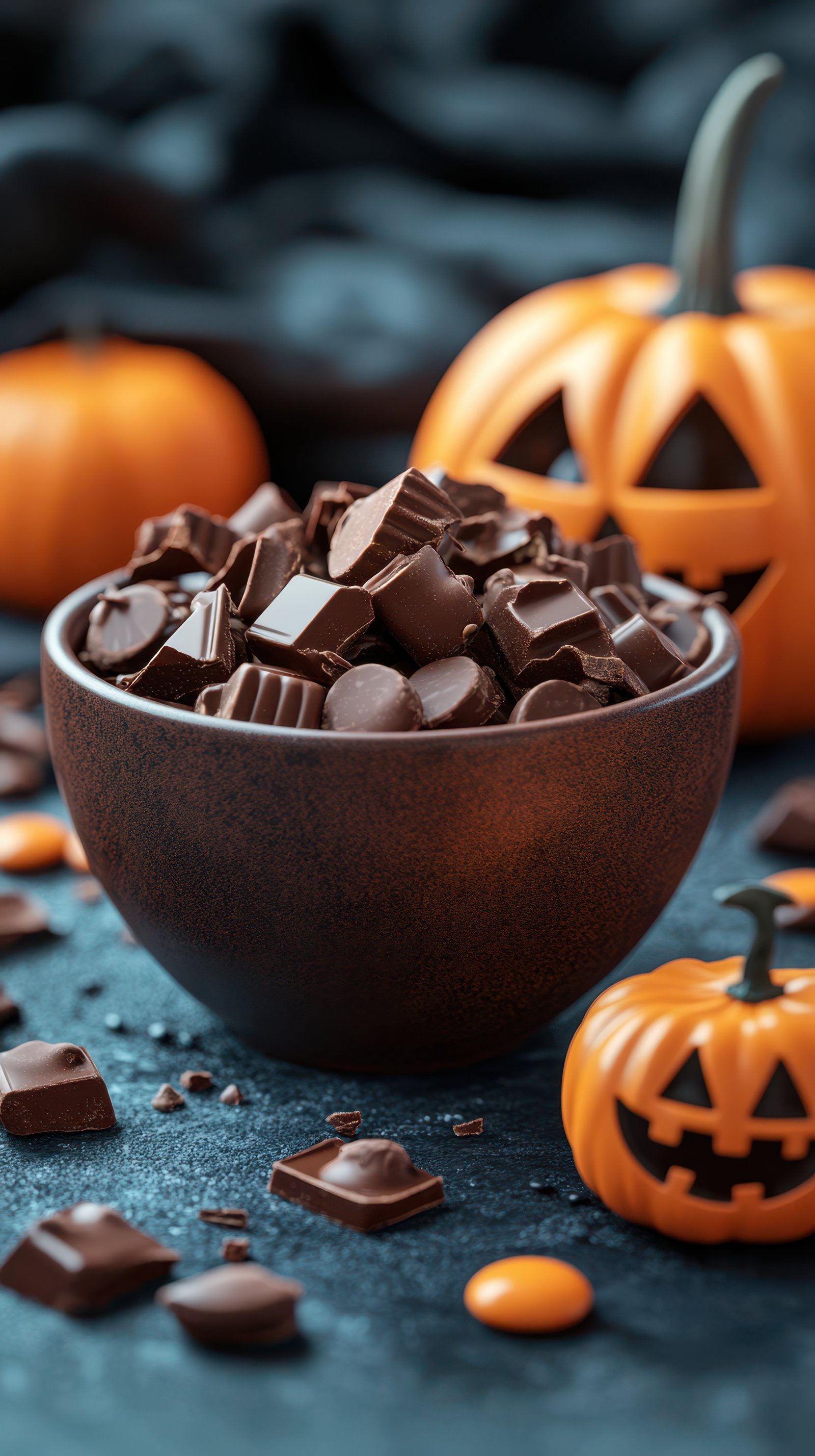 Halloween-themed chocolate bowl with mini pumpkins and scattered treats on a dark surface